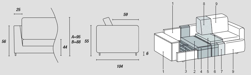 Features of the Eclectico Comfort Sofa Ditre Italia for 2 and 3 Linear Seats